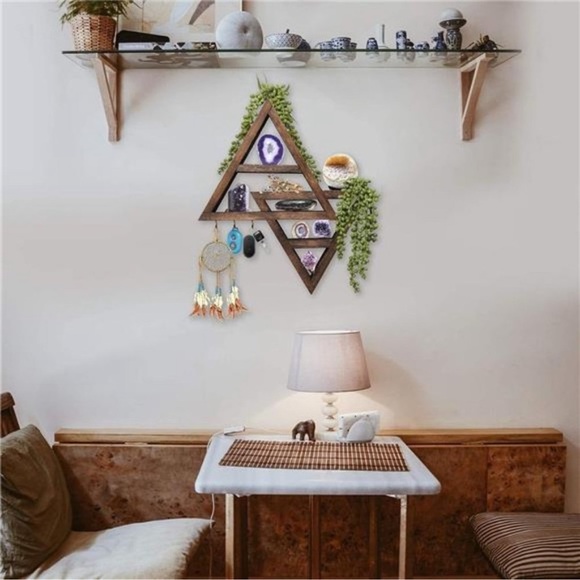 Moon Phase Triangle Shelf with Hooks -Moon Shelf for Crystal Display -Dark Brown - Picture 3 of 7
